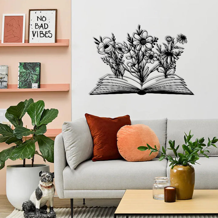 A Wonderful Silhouette Wall Art of Books and Wildflowers