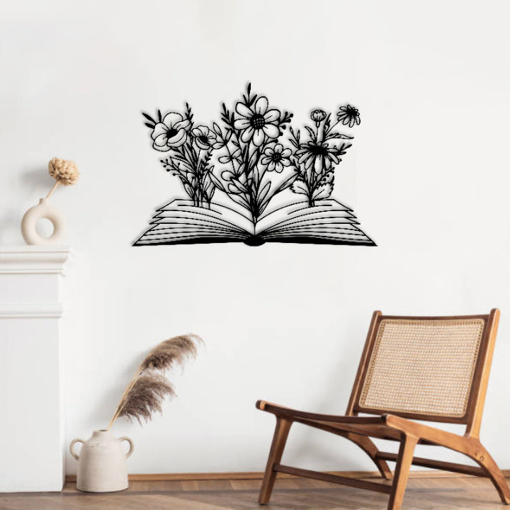 A Wonderful Silhouette Wall Art of Books and Wildflowers