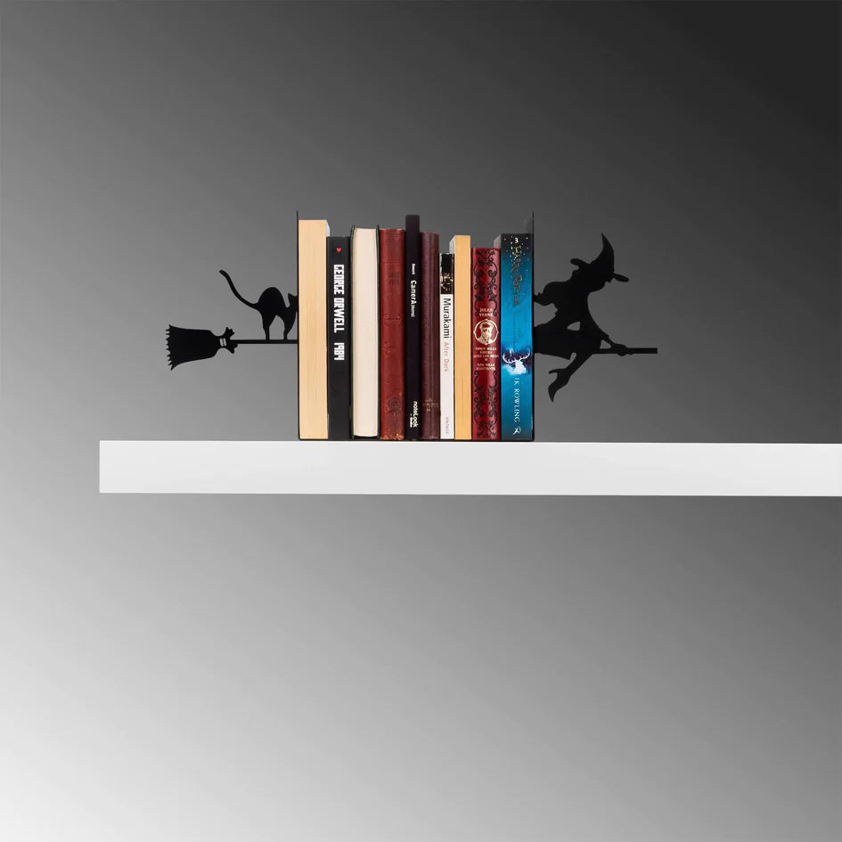 Halloween Themed Bookend with Flying Broomstick Witch Figure