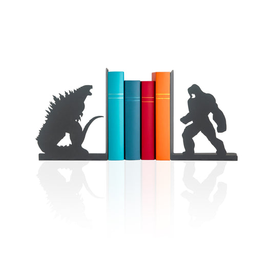 Godzlla vs King Kong Movie Character Bookends, Fantastic Film Heroes Figured Book Support,Super Hero Silhouetted Bookcase, Decorative Metal Book End, Best Gift for Kids and Book Lovers